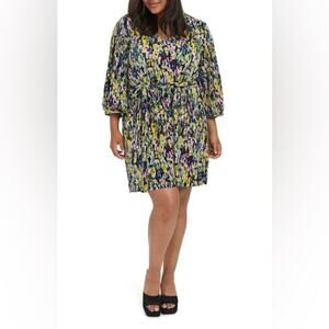Vero Moda Curve Josy Floral Plissé Minidress Tie Waist Balloon Sleeve Size 16